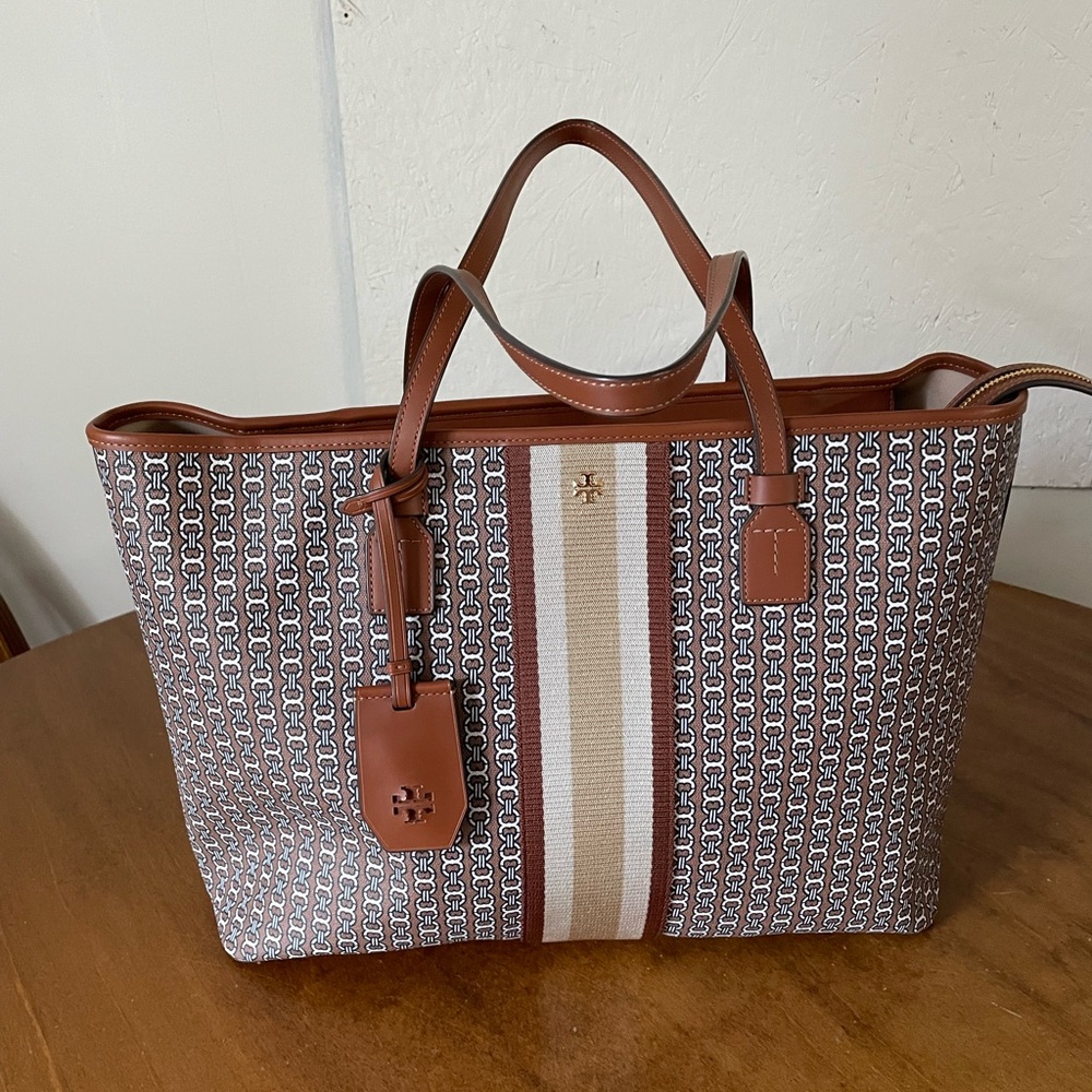 Tory Burch Brown and Cream Logo Stripe Tote